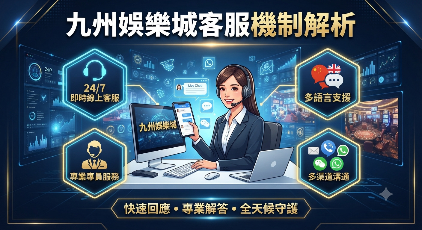 這是一張關於九州娛樂城客服機制解析的主題圖片,畫面中央為專業的線上客服人員。 周圍透過圖標與圖表展示了即時服務、多語言支援及專業團隊等多元支援特點。