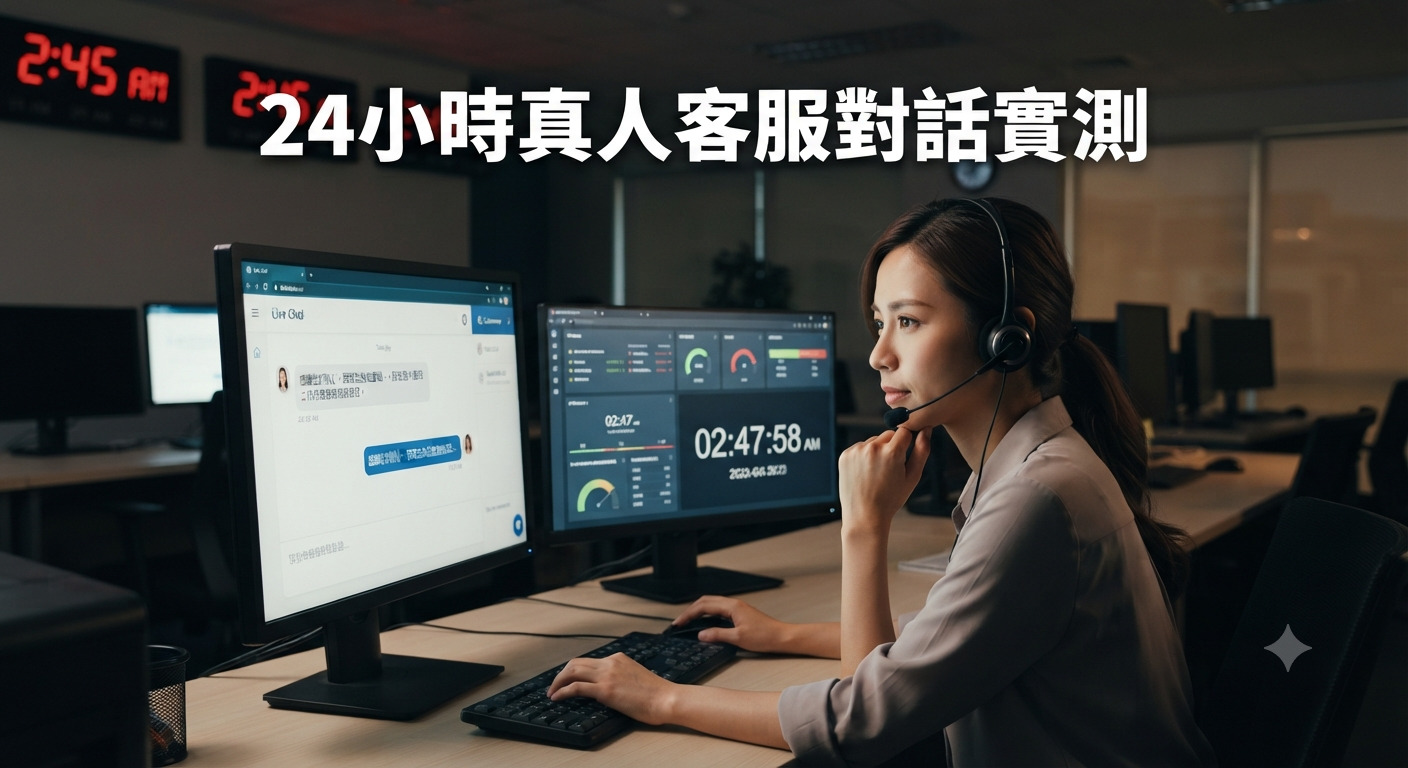 這是一張展示夜間辦公室情境的圖片,畫面中有一位戴著耳機的客服人員正在電腦前專注工作。 圖片上方醒目地標示著繁體中文標題:「24小時真人客服對話實測」。